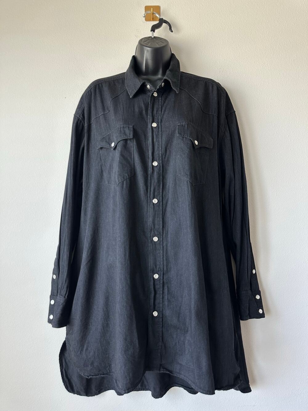 Celine Paris Black Cotton Western Snap Shirt Tunic Dress Italy Oversized S